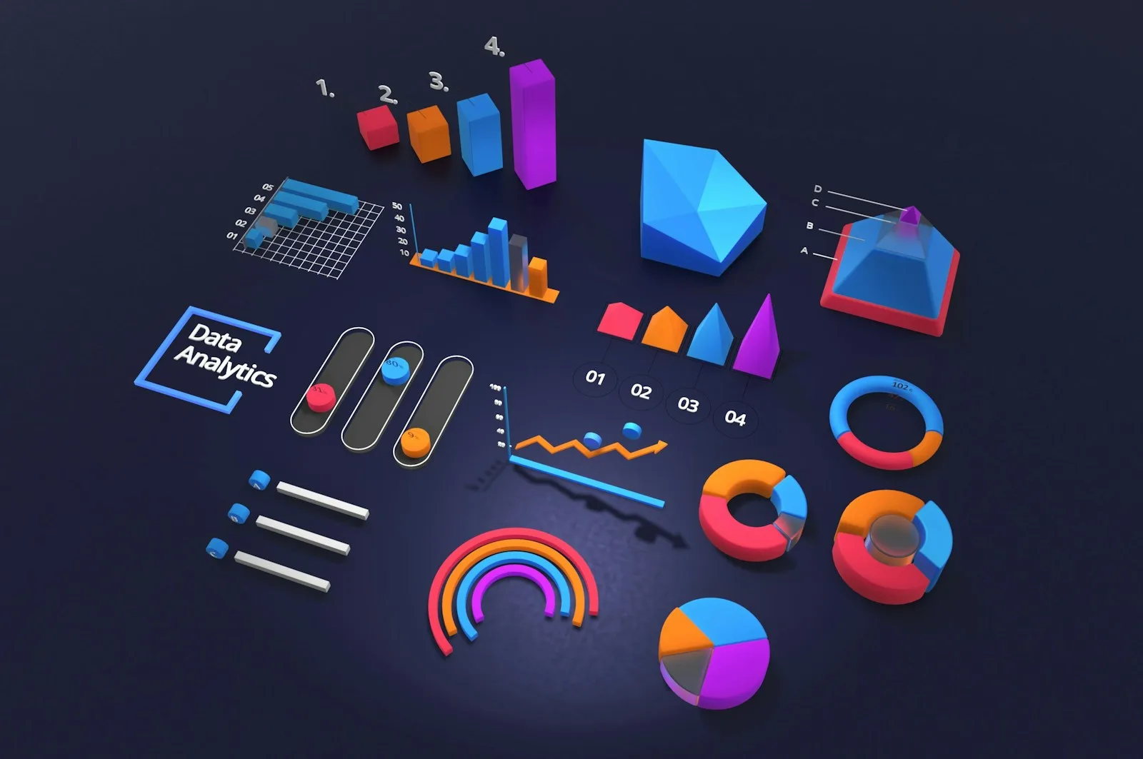 Colorful data analytics charts arranged on a dark surface